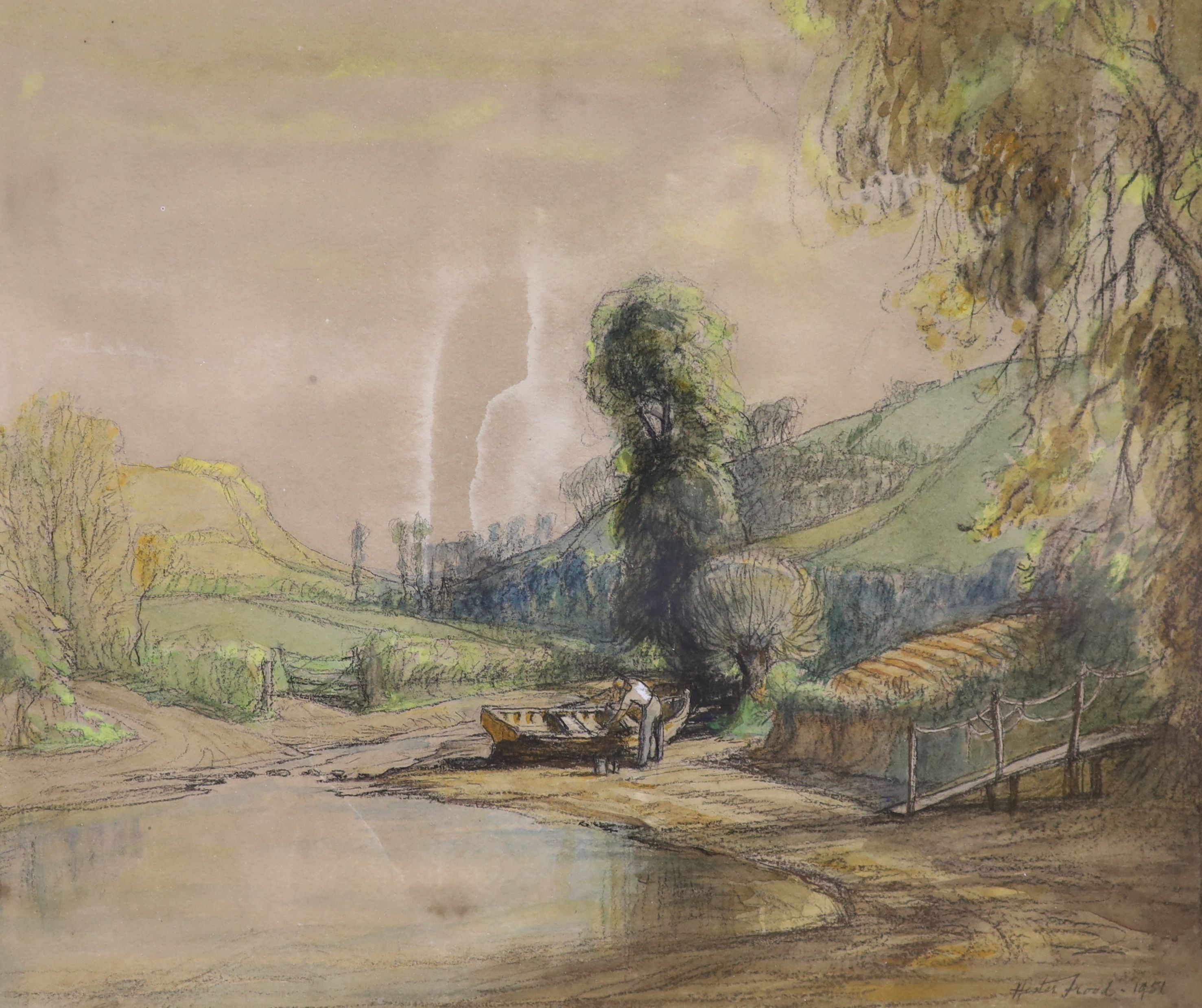 Hester Frood (1882-1971), pencil and watercolour, A Ford near Seaton, South Devon, signed in pencil and dated 1951, 26 x 30cm (a.f.)